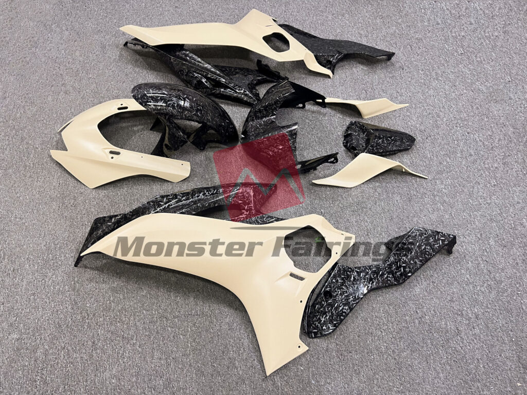 2017 - 2022 Yamaha R6 Matte Tan with Gloss Forged Carbon Fiber Style fairing set - ABS injection, custom painted by Monster Fairings