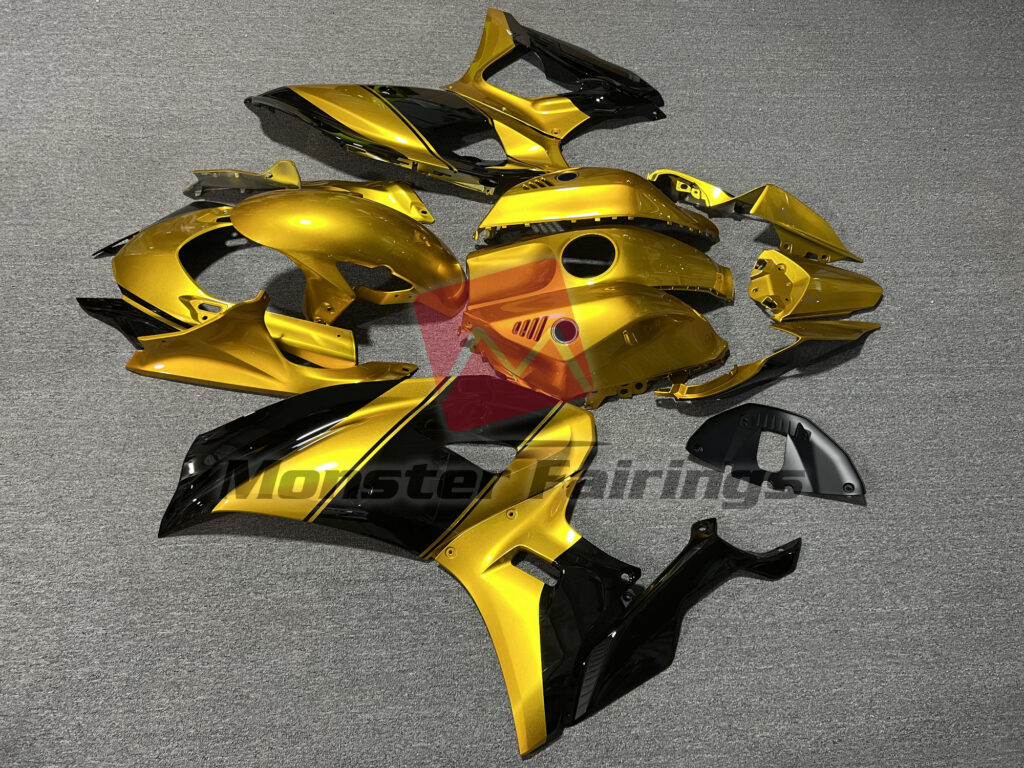 Yamaha R7 custom ABS fairings 2021 - 2025 in Gloss Gold & Black - durable replacement kit, Monster Fairings