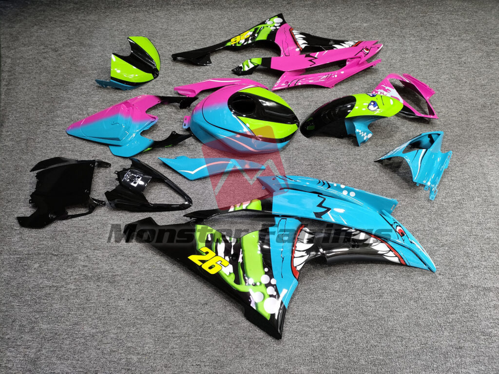 2008 - 2016 Yamaha R6 Gloss Light Blue & Pink Shark Split fairing set - ABS injection, custom painted by Monster Fairings