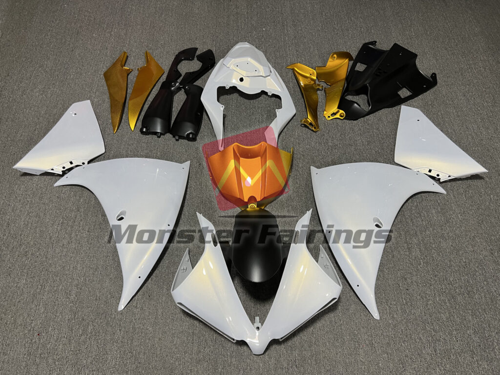 Yamaha R1 2012 - 2014 Pearl White & Gloss Gold ABS fairings - custom motorcycle bodywork kit by Monster Fairings