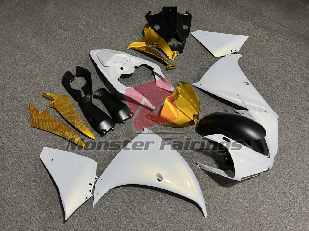 Yamaha R1 custom ABS fairings 2012 - 2014 in Pearl White & Gloss Gold - durable replacement kit, Monster Fairings