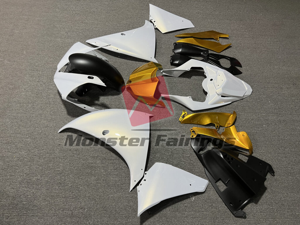 2012 - 2014 Yamaha R1 Pearl White & Gloss Gold fairing set - ABS injection, custom painted by Monster Fairings