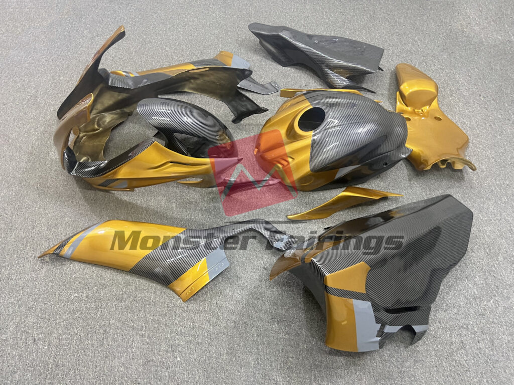 2017 - 2022 Yamaha R6 Gloss Carbon Fiber Style Gold & Gray fairing set - ABS injection, custom painted by Monster Fairings