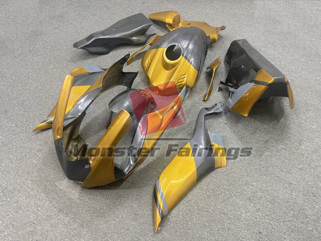 Yamaha R6 custom ABS fairings 2017 - 2022 in Gloss Carbon Fiber Style Gold & Gray - durable replacement kit, Monster Fairings