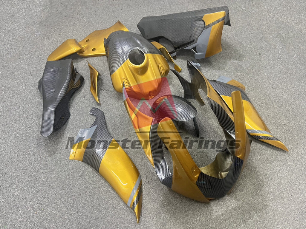 Gloss Carbon Fiber Style Gold & Gray ABS fairings for Yamaha R6 2017 - 2022 - premium OEM fit kit by Monster Fairings
