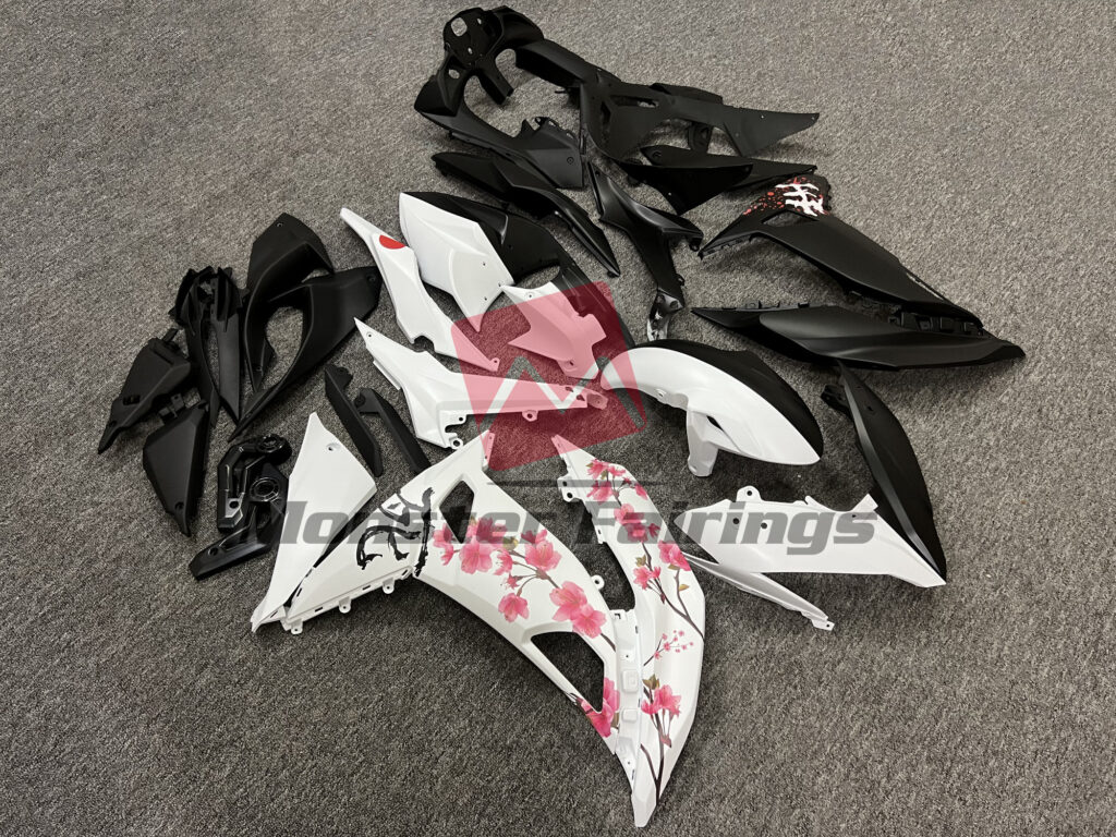 Kawasaki Ninja 650R custom ABS fairings 2017 - 2019 in Matte Black & White Cherry Blossom Split - durable replacement kit, Monster Fairings