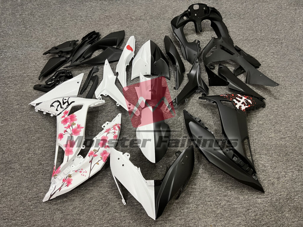 Kawasaki Ninja 650R 2017 - 2019 Matte Black & White Cherry Blossom Split ABS fairings - custom motorcycle bodywork kit by Monster Fairings