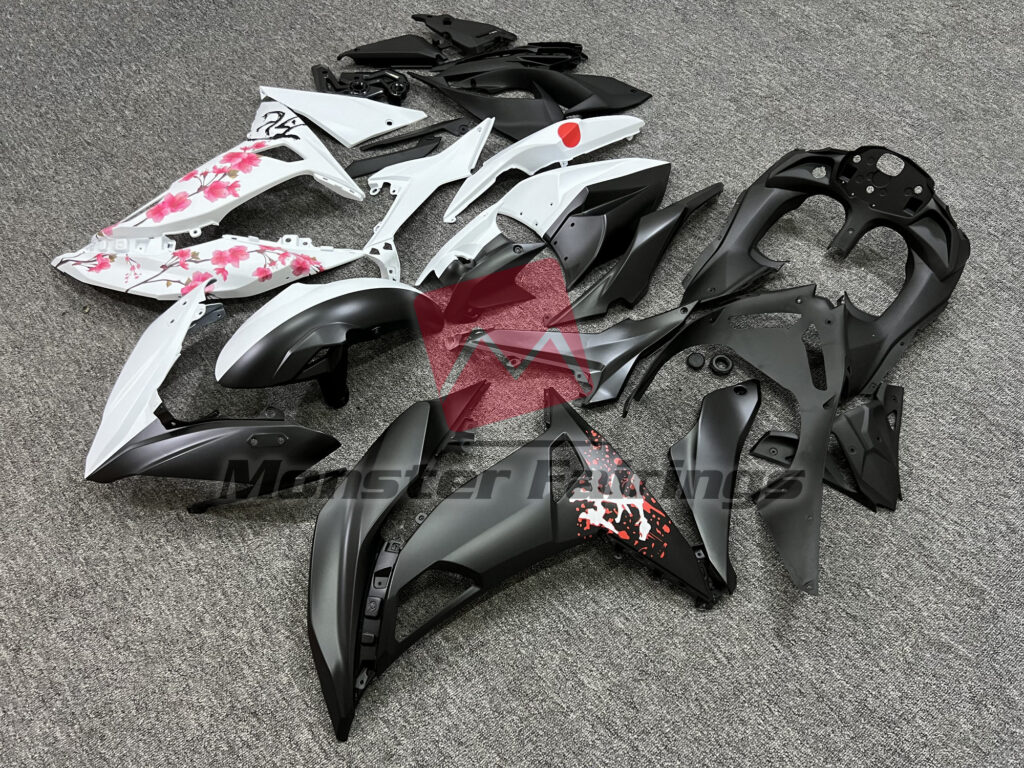 Matte Black & White Cherry Blossom Split ABS fairings for Kawasaki Ninja 650R 2017 - 2019 - premium OEM fit kit by Monster Fairings