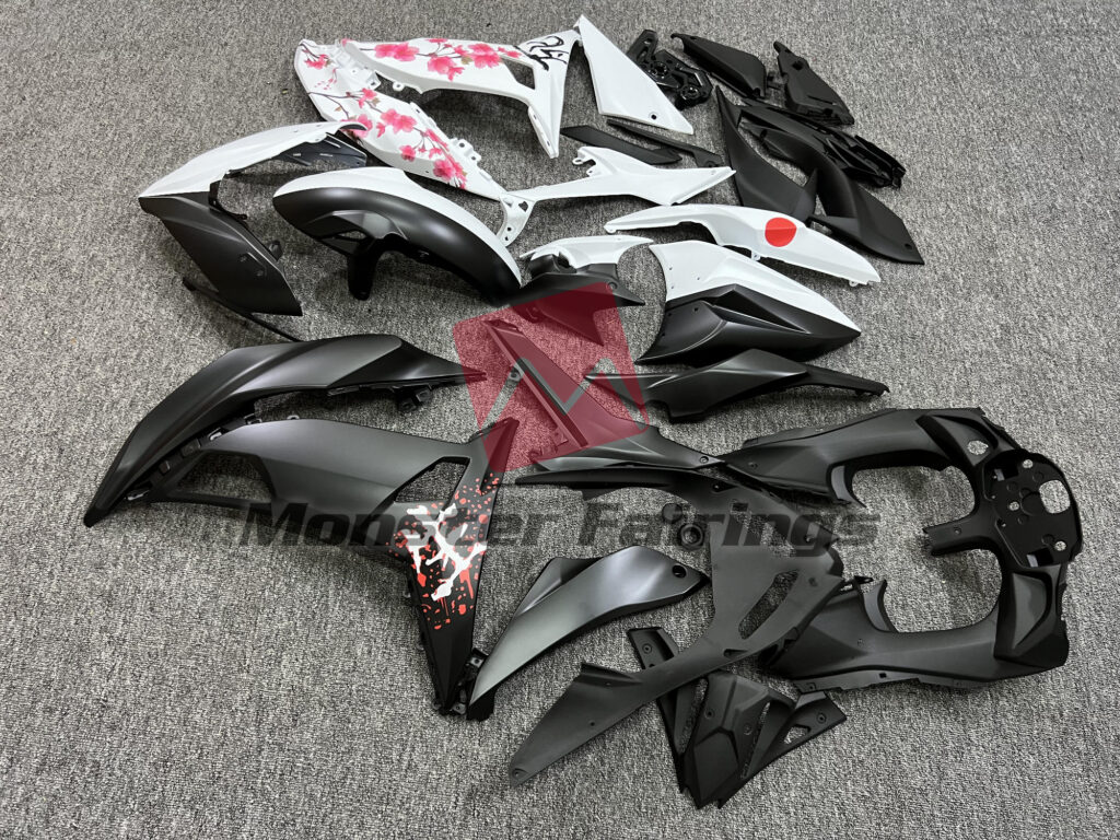 2017 - 2019 Kawasaki Ninja 650R Matte Black & White Cherry Blossom Split fairing set - ABS injection, custom painted by Monster Fairings