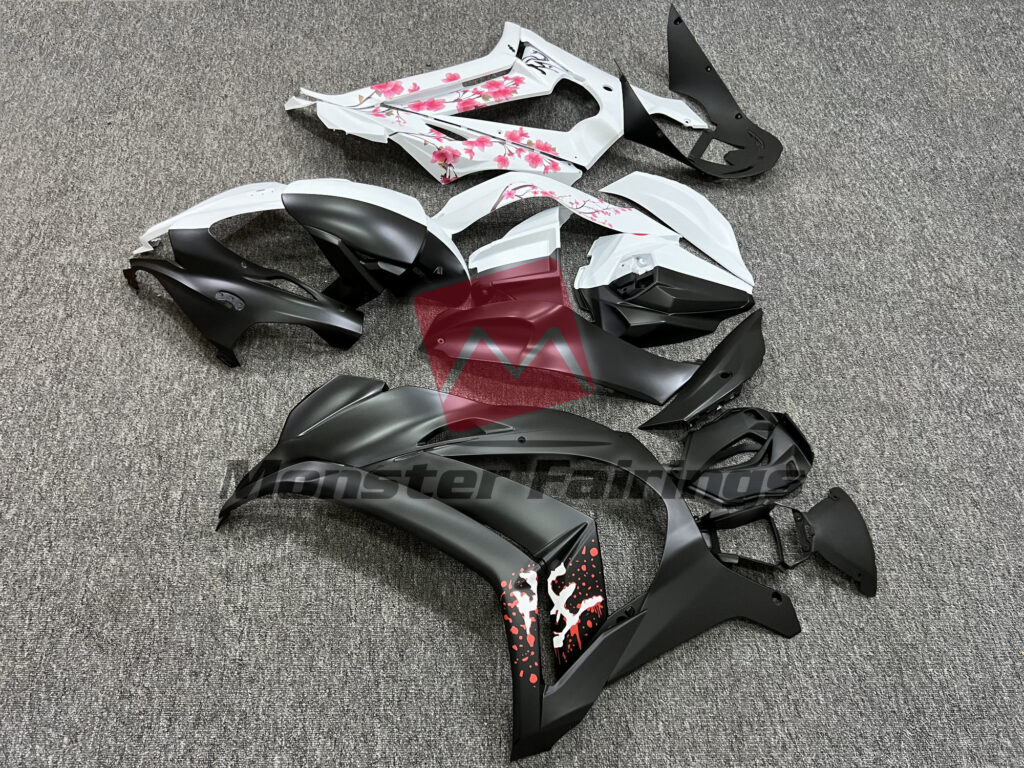 Kawasaki ZX10R custom ABS fairings 2016 - 2020 in Matte Black & White Cherry Blossom Split - durable replacement kit, Monster Fairings