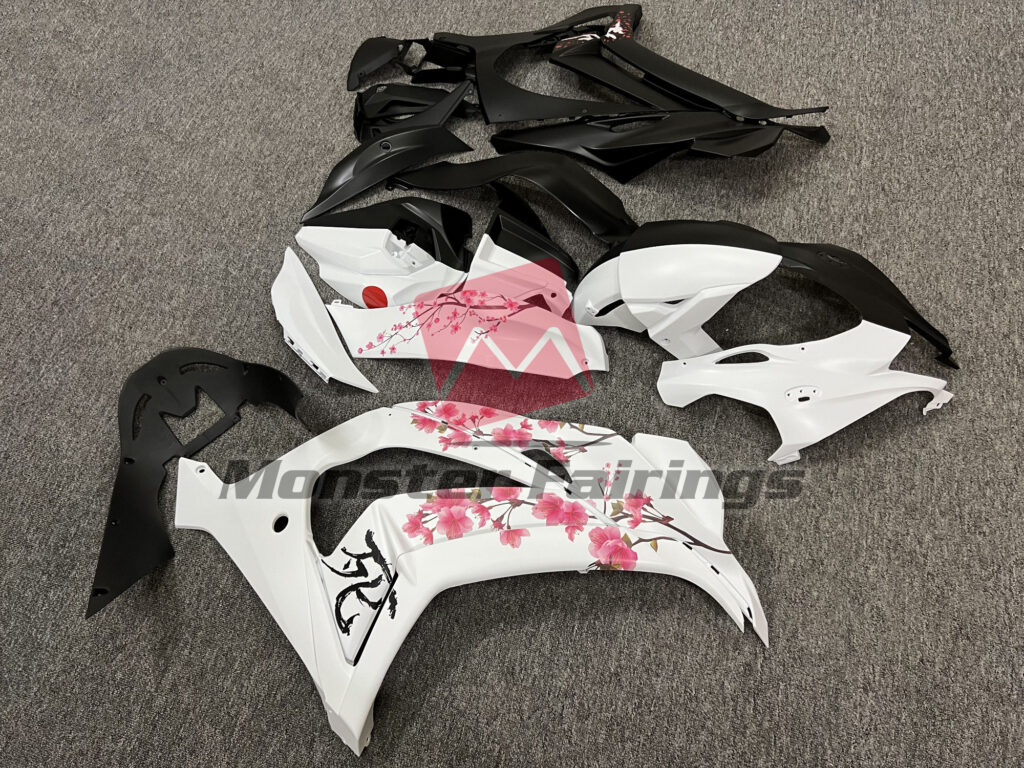 2016 - 2020 Kawasaki ZX10R Matte Black & White Cherry Blossom Split fairing set - ABS injection, custom painted by Monster Fairings