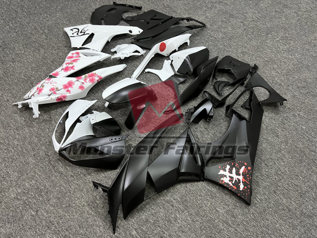 Matte Black & White Cherry Blossom Split ABS fairings for Kawasaki ZX6R 2009 - 2012 - premium OEM fit kit by Monster Fairings