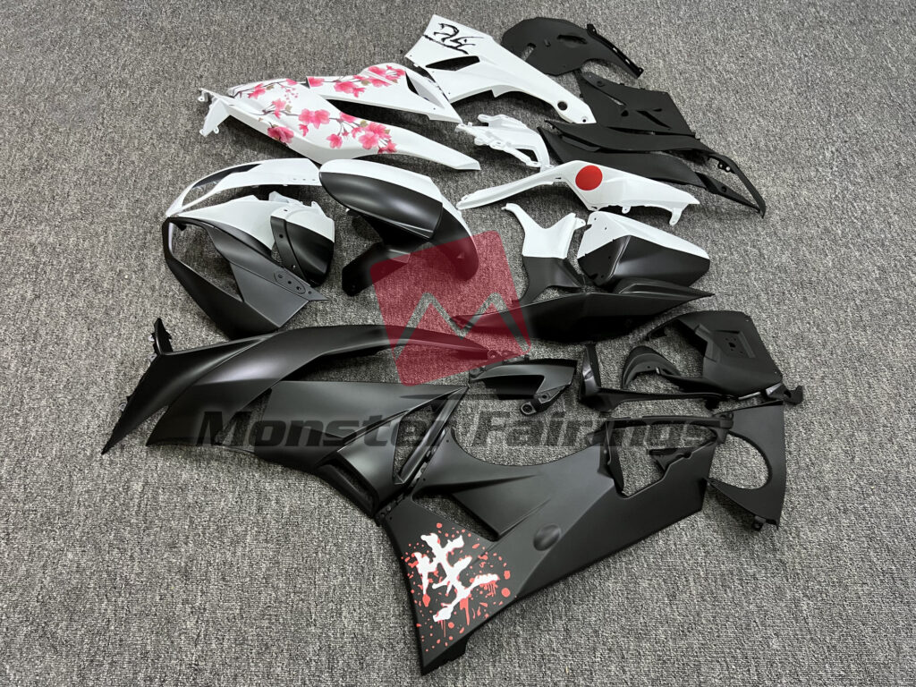 Kawasaki ZX6R custom ABS fairings 2009 - 2012 in Matte Black & White Cherry Blossom Split - durable replacement kit, Monster Fairings