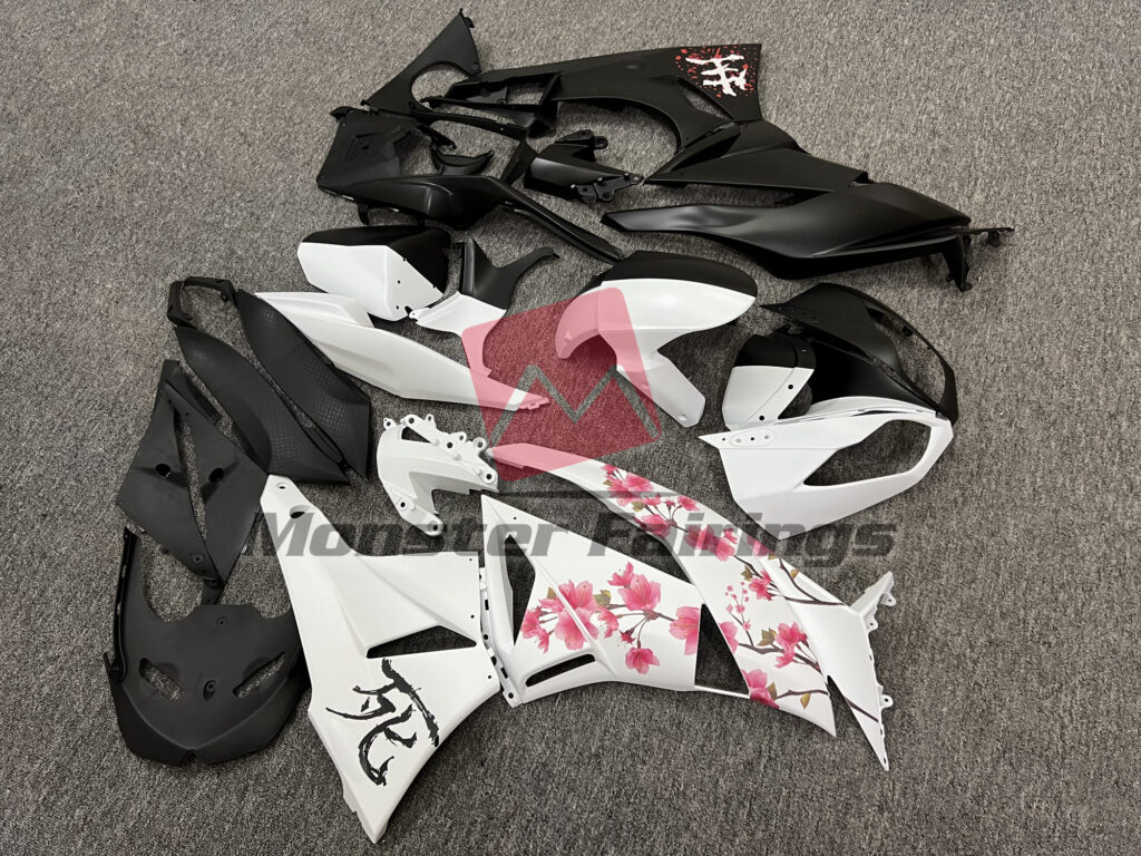 2009 - 2012 Kawasaki ZX6R Matte Black & White Cherry Blossom Split fairing set - ABS injection, custom painted by Monster Fairings