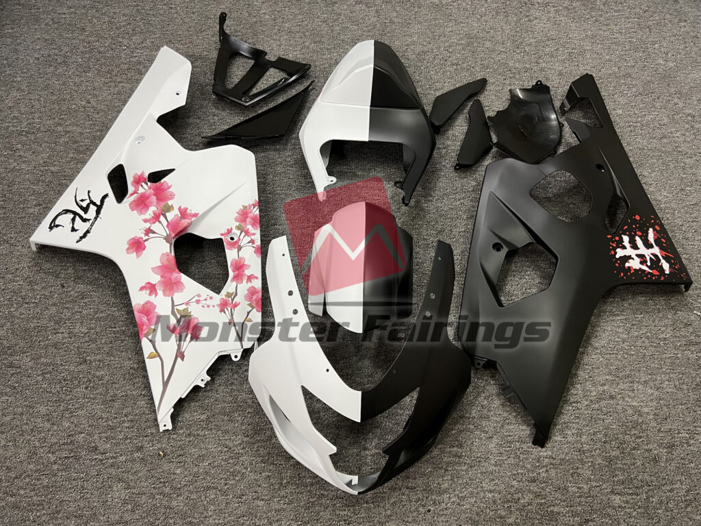 Suzuki GSXR 600 - 750 2004 - 2005 Matte Black & White Cherry Blossom Split ABS fairings - custom motorcycle bodywork kit by Monster Fairings