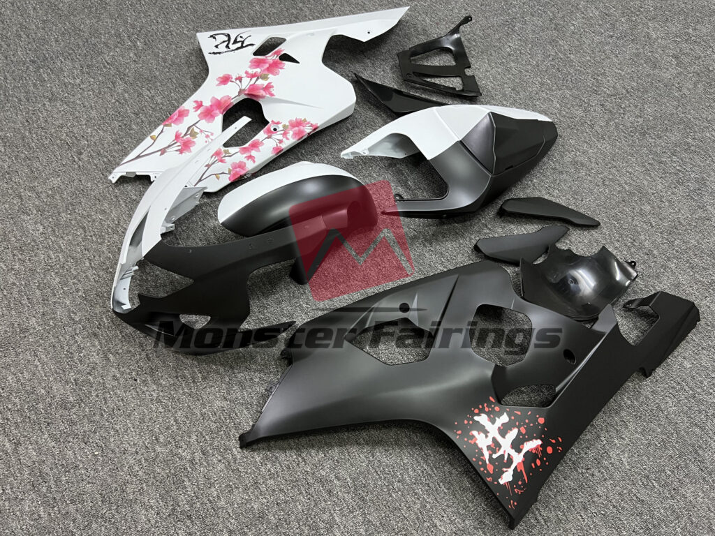 2004 - 2005 Suzuki GSXR Matte Black & White Cherry Blossom Split fairing set - ABS injection, custom painted by Monster Fairings