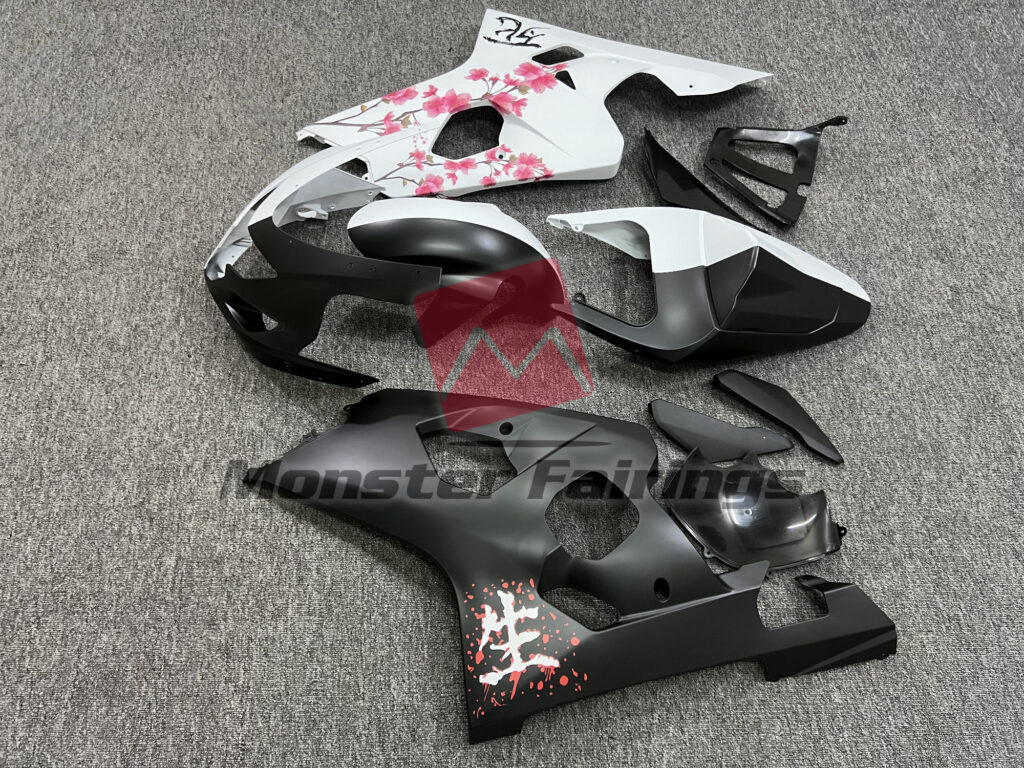 Matte Black & White Cherry Blossom Split ABS fairings for Suzuki GSXR 600 - 750 2004 - 2005 - premium OEM fit kit by Monster Fairings