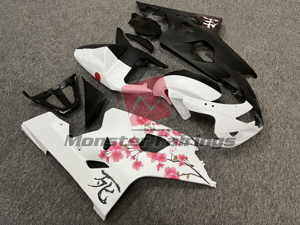 Suzuki GSXR custom ABS fairings 2004 - 2005 in Matte Black & White Cherry Blossom Split - durable replacement kit, Monster Fairings