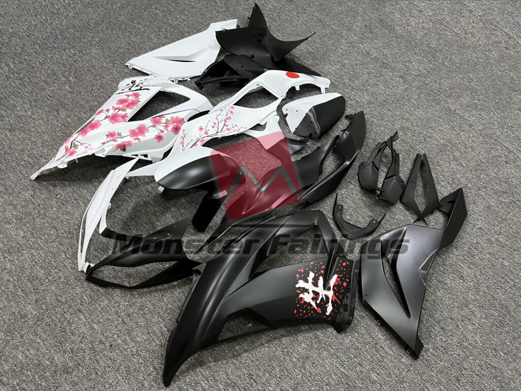 2013 - 2018 Kawasaki ZX6R Matte Black & White Cherry Blossom Split fairing set - ABS injection, custom painted by Monster Fairings