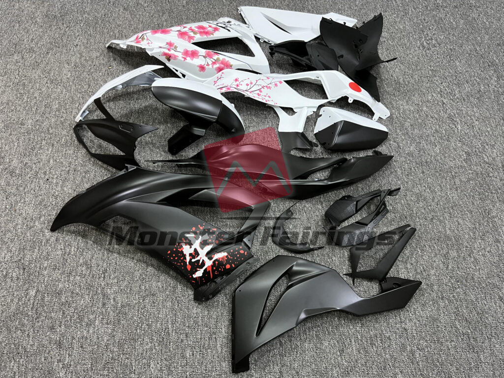 Kawasaki ZX6R custom ABS fairings 2013 - 2018 in Matte Black & White Cherry Blossom Split - durable replacement kit, Monster Fairings