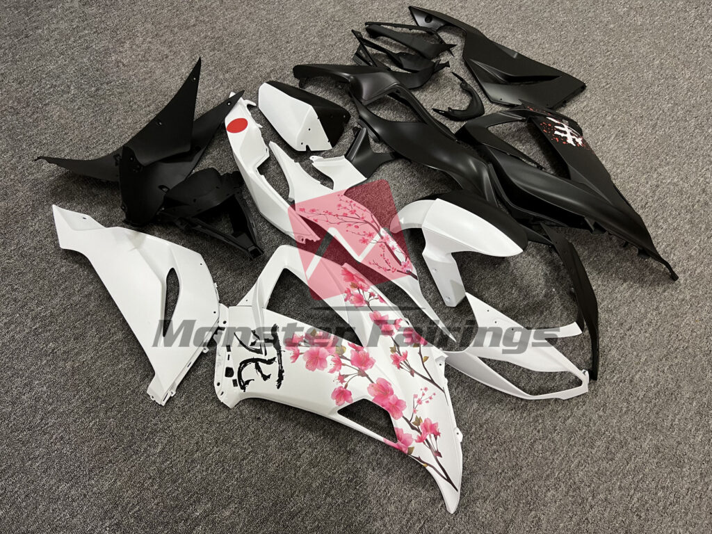 Matte Black & White Cherry Blossom Split ABS fairings for Kawasaki ZX6R 2013 - 2018 - premium OEM fit kit by Monster Fairings