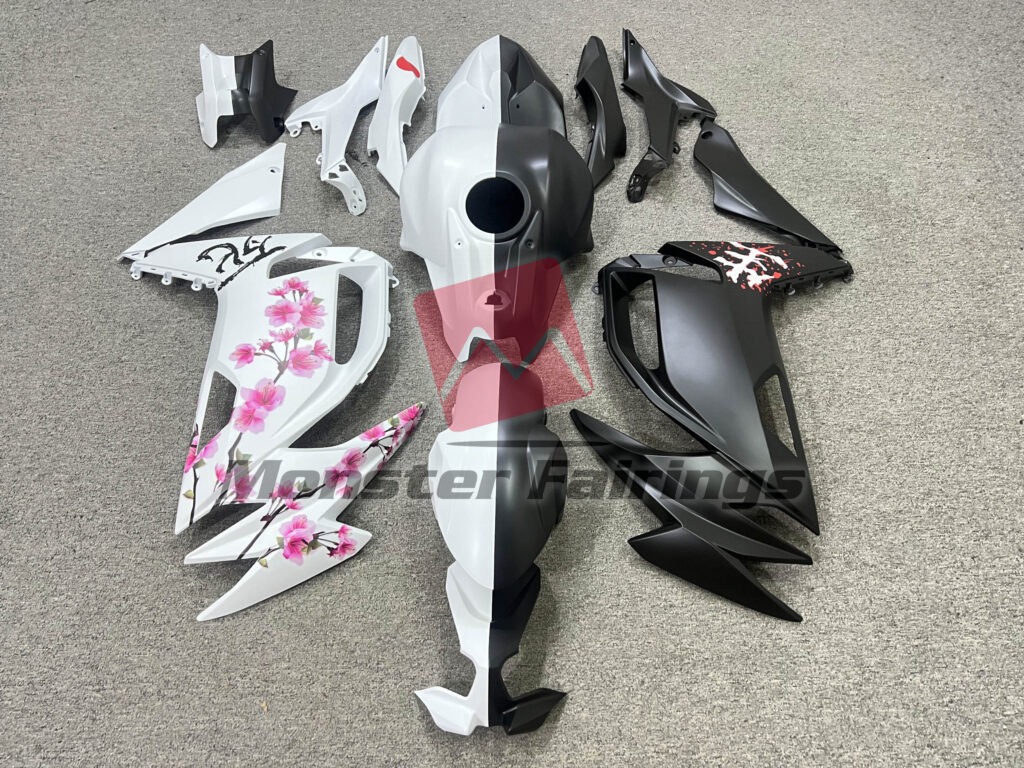 Kawasaki Ninja 650R 2020 - 2025 Matte Black & White Cherry Blossom Split ABS fairings - custom motorcycle bodywork kit by Monster Fairings