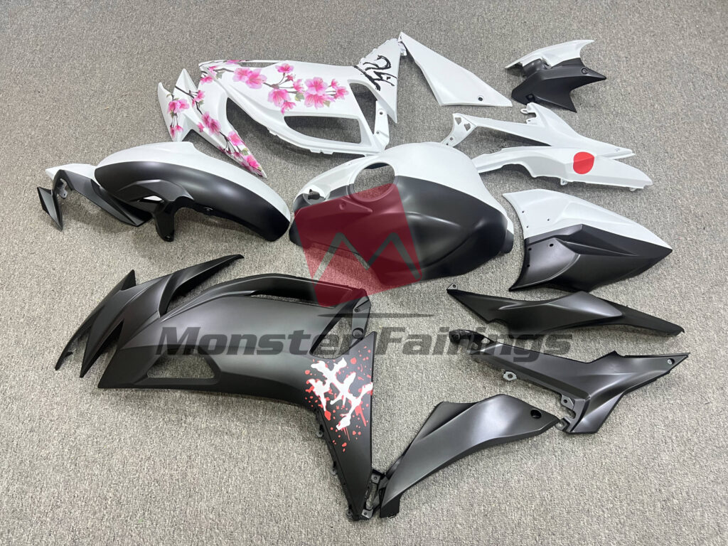 Matte Black & White Cherry Blossom Split ABS fairings for Kawasaki Ninja 650R 2020 - 2025 - premium OEM fit kit by Monster Fairings