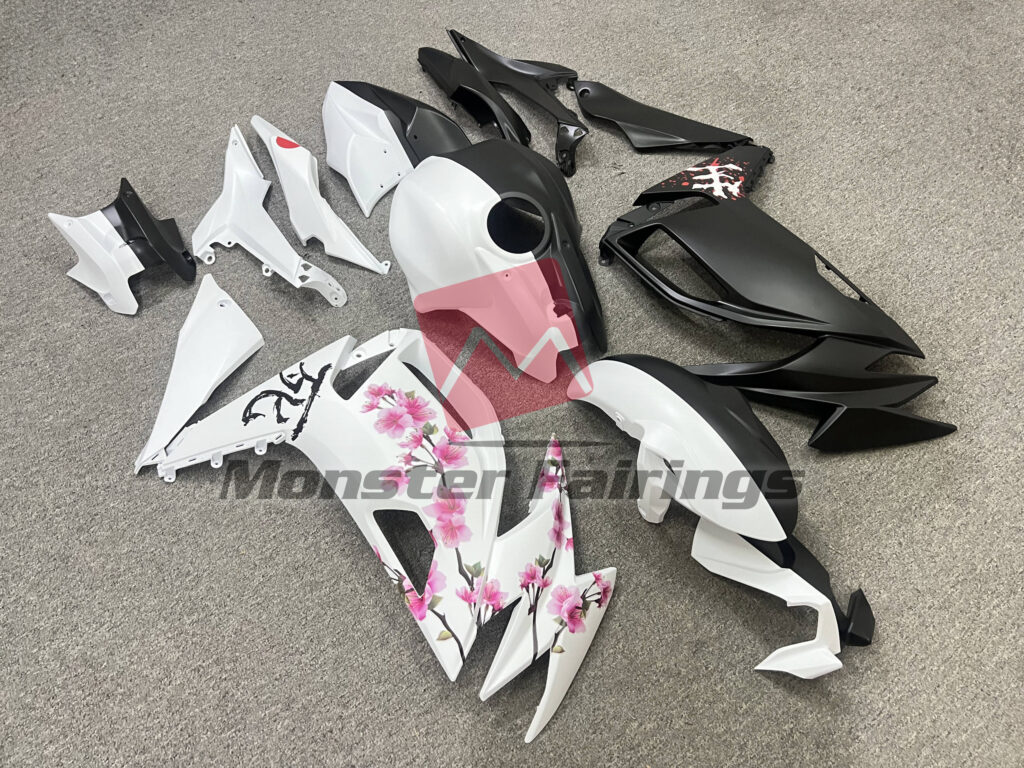 2020 - 2025 Kawasaki Ninja 650R Matte Black & White Cherry Blossom Split fairing set - ABS injection, custom painted by Monster Fairings