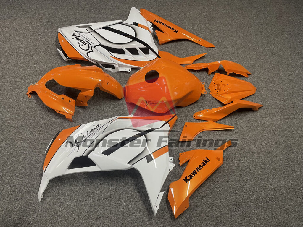 Kawasaki Ninja 300 custom ABS fairings 2013 - 2022 in Gloss Orange White & Black - durable replacement kit, Monster Fairings