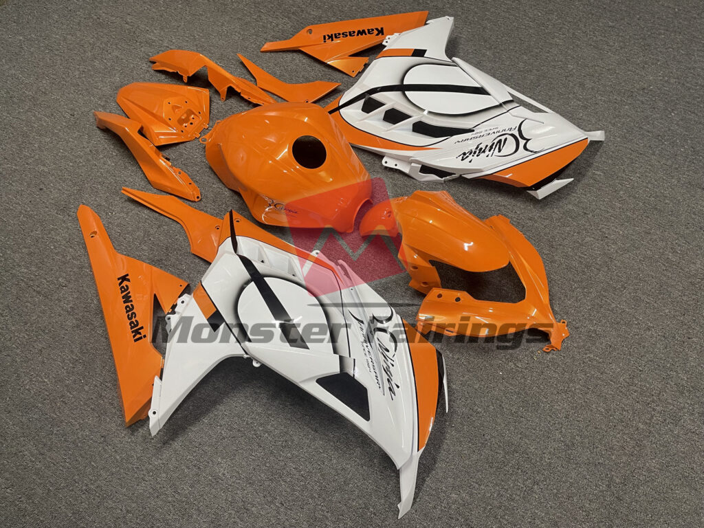 2013 - 2022 Kawasaki Ninja 300 Gloss Orange White & Black fairing set - ABS injection, custom painted by Monster Fairings