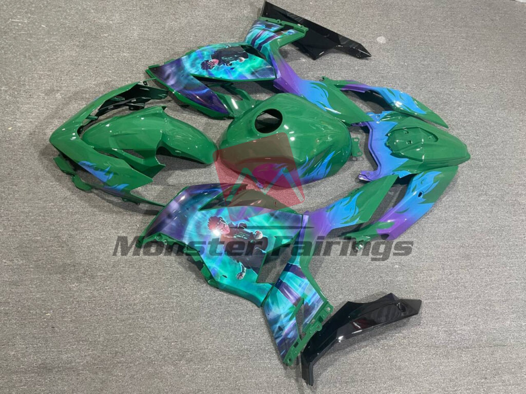 2018 - 2024 Kawasaki Ninja 400 Gloss Green Purple & Black Anime fairing set - ABS injection, custom painted by Monster Fairings