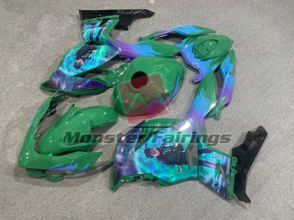 Kawasaki Ninja 400 custom ABS fairings 2018 - 2024 in Gloss Green Purple & Black Anime - durable replacement kit, Monster Fairings