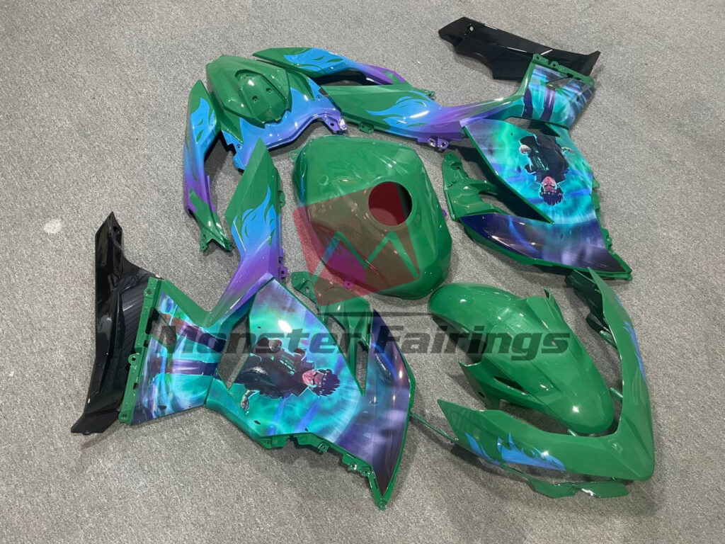 Gloss Green Purple & Black Anime ABS fairings for Kawasaki Ninja 400 2018 - 2024 - premium OEM fit kit by Monster Fairings