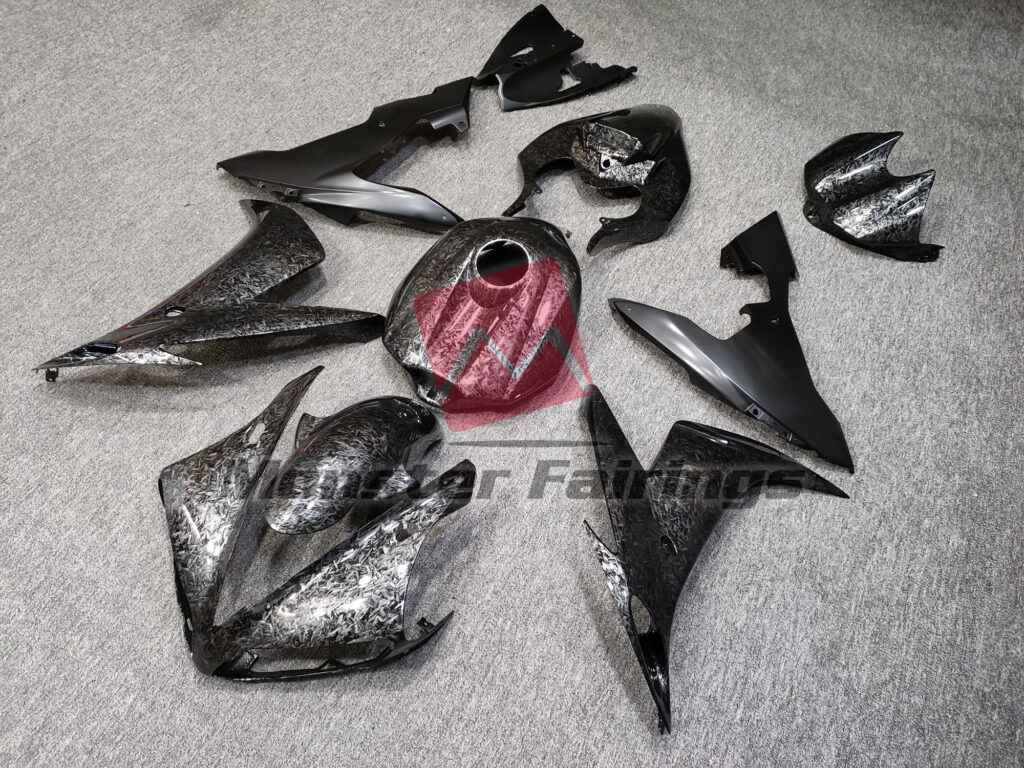 Yamaha R1 custom ABS fairings 2004 - 2006 in Gloss Forged Carbon Fiber Style with Matte Black - durable replacement kit, Monster Fairings