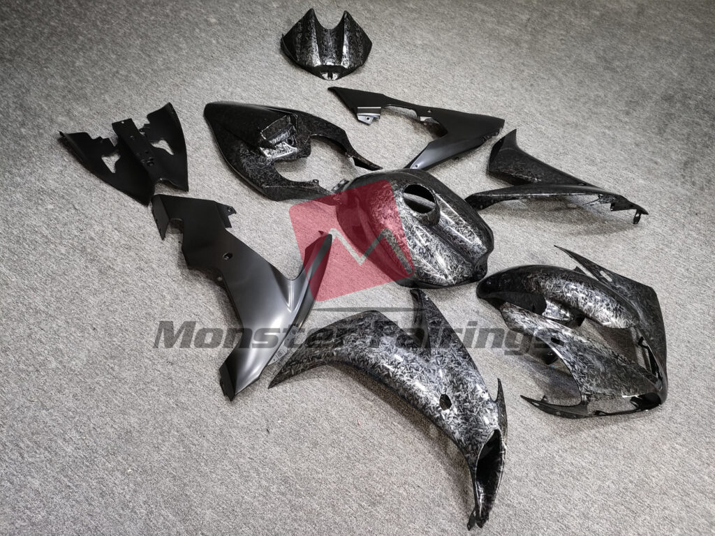 Gloss Forged Carbon Fiber Style with Matte Black ABS fairings for Yamaha R1 2004 - 2006 - premium OEM fit kit by Monster Fairings