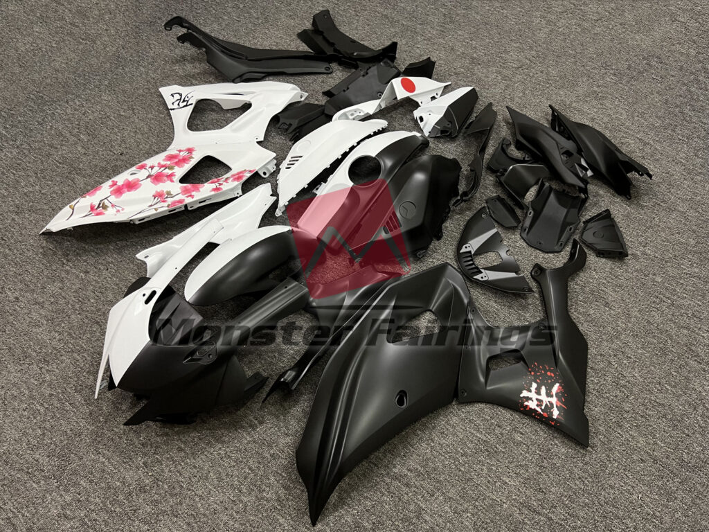 Monster Fairings ABS fairing kit for Yamaha R7 2021 - 2025 - Matte Black & White Cherry Blossom Split, precise OEM fit