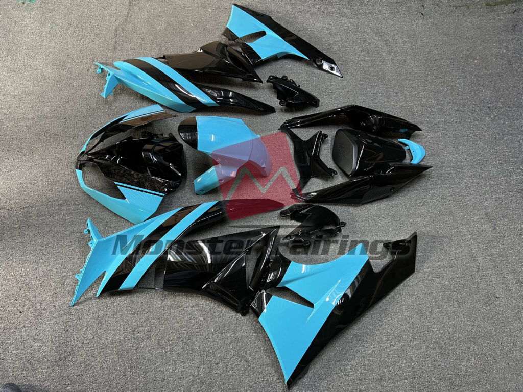 2009 - 2012 Kawasaki ZX6R Gloss Black & Light Blue fairing set - ABS injection, custom painted by Monster Fairings