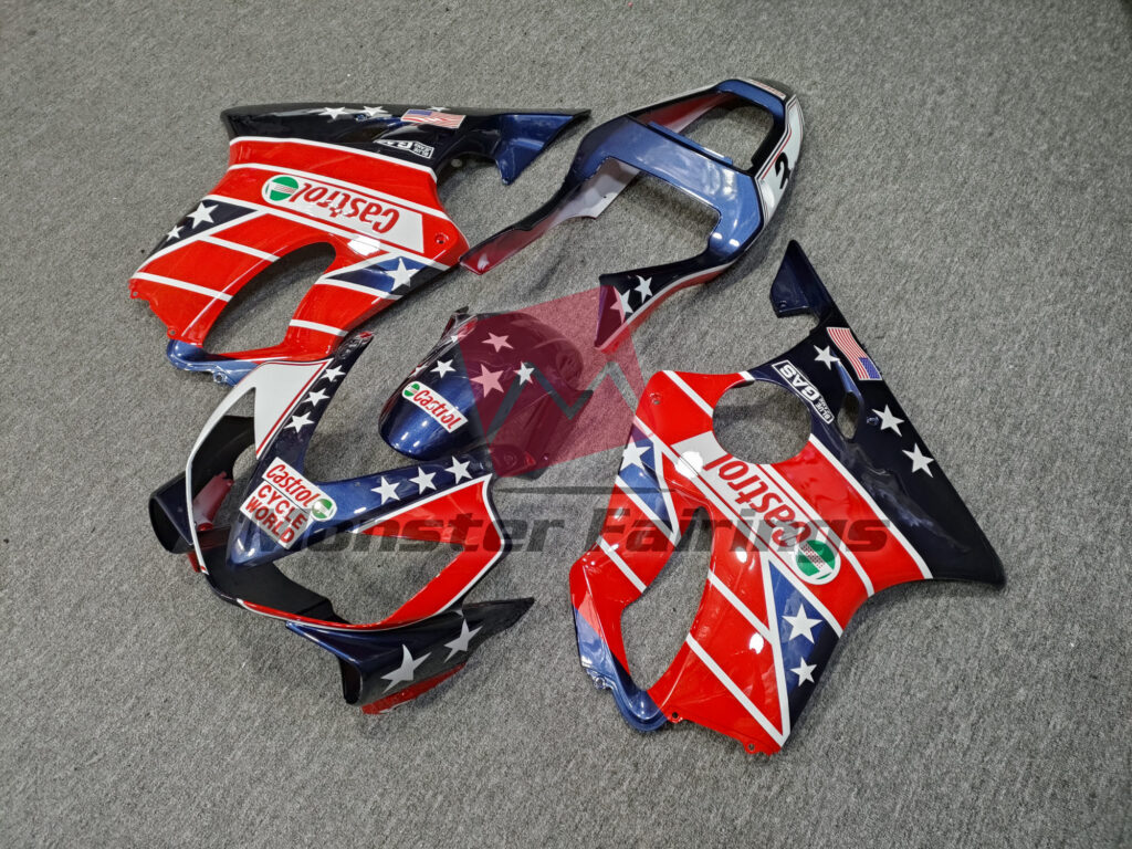 Honda CBR600 F4i custom ABS fairings 2001 - 2003 in Gloss Red & Blue Castrol - durable replacement kit, Monster Fairings