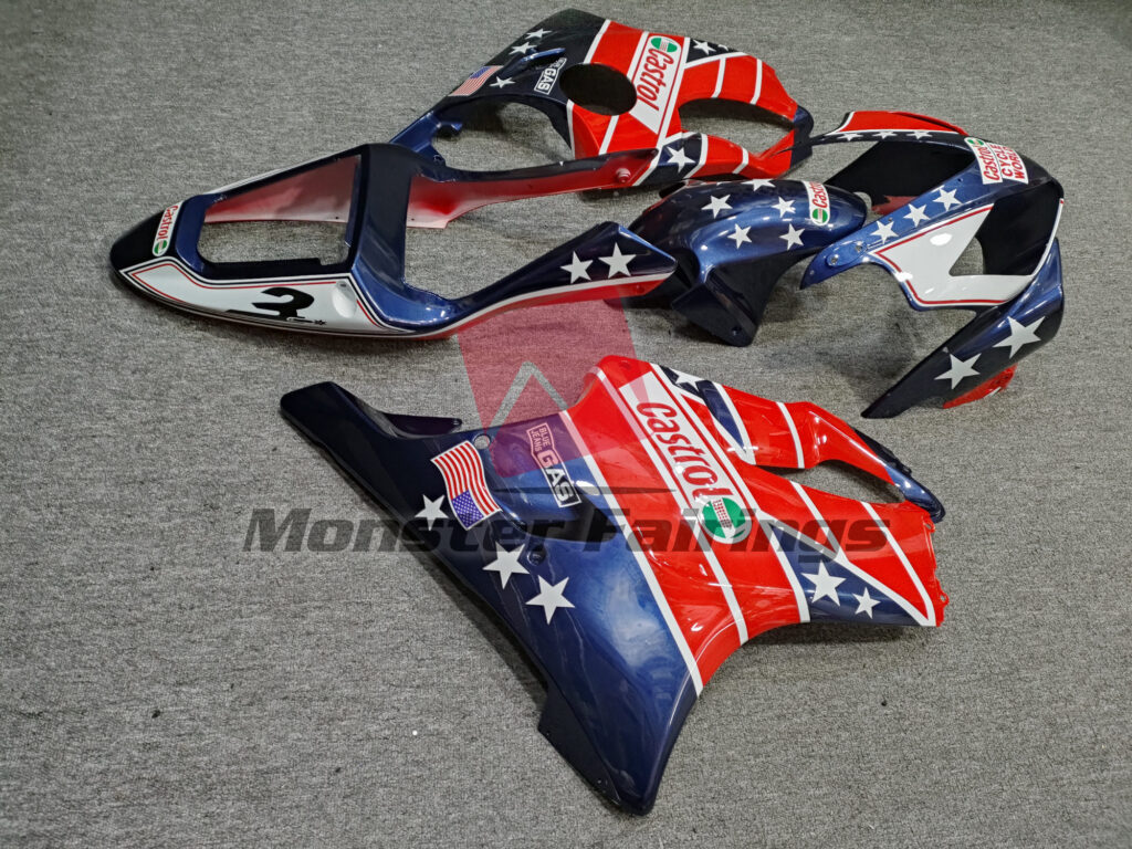 2001 - 2003 Honda CBR600 F4i Gloss Red & Blue Castrol fairing set - ABS injection, custom painted by Monster Fairings