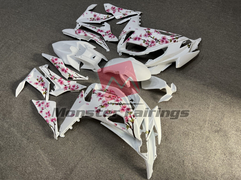 Kawasaki Ninja 650R custom ABS fairings 2020 - 2025 in Gloss White Cherry Blossom - durable replacement kit, Monster Fairings
