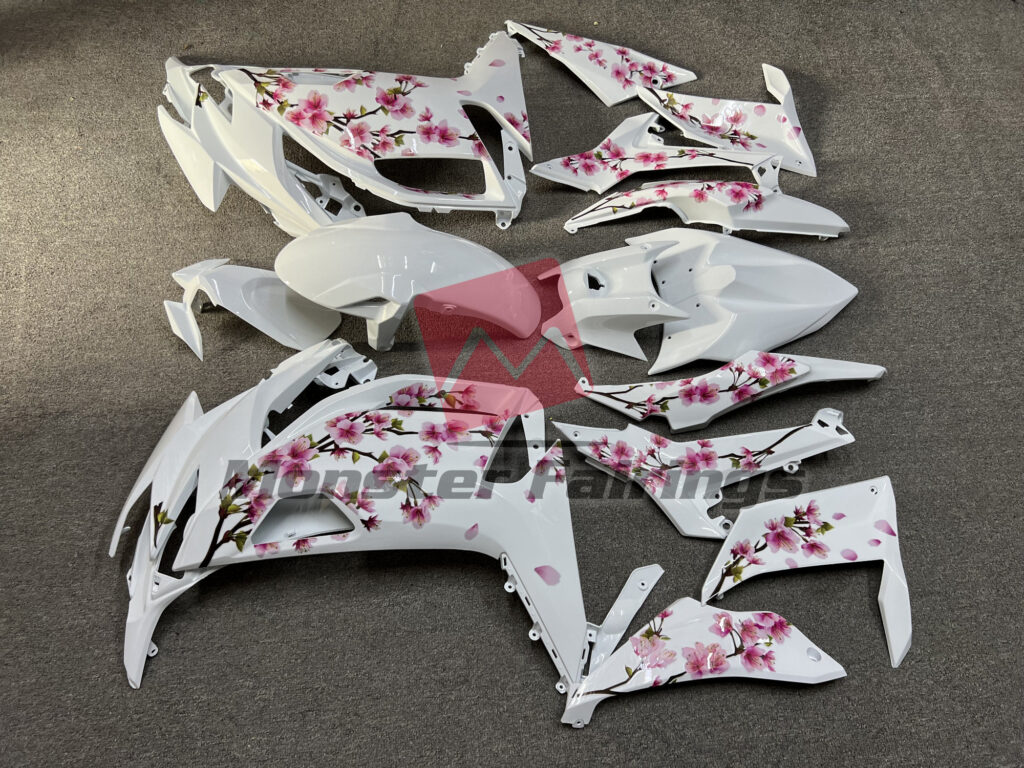 2020 - 2025 Kawasaki Ninja 650R Gloss White Cherry Blossom fairing set - ABS injection, custom painted by Monster Fairings
