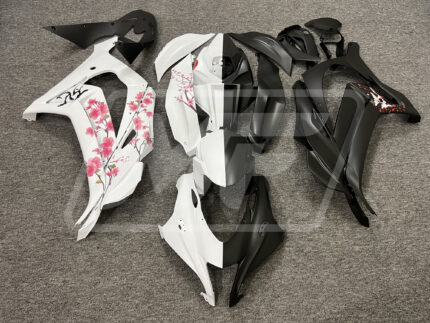 Kawasaki ZX10R 2016-2020 Matte Black & White Cherry Blossom Split ABS Fairings | Monster Fairings