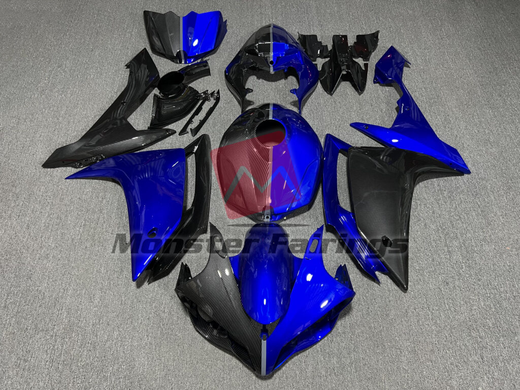 Yamaha R1 2007 - 2008 Gloss Carbon Fiber Style & Blue ABS fairings - custom motorcycle bodywork kit by Monster Fairings