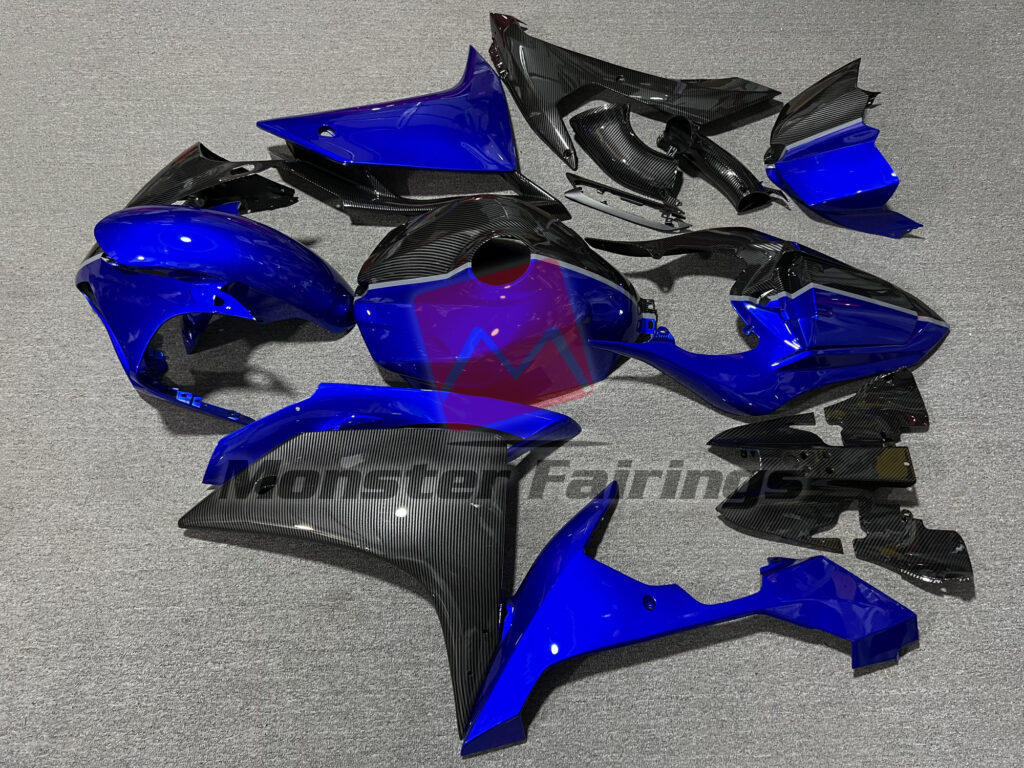 2007 - 2008 Yamaha R1 Gloss Carbon Fiber Style & Blue fairing set - ABS injection, custom painted by Monster Fairings