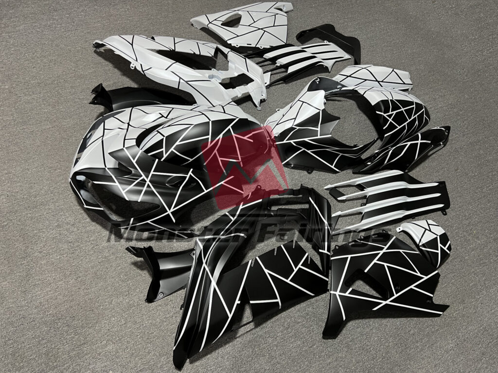 Kawasaki ZX14R custom ABS fairings 2012 - 2024 in Pearl White & Matte Black Pattern Split - durable replacement kit, Monster Fairings