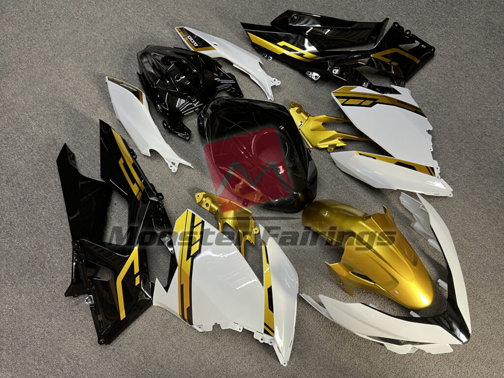 Kawasaki Ninja 400 custom ABS fairings 2018 - 2024 in Gloss White & Black Gold - durable replacement kit, Monster Fairings