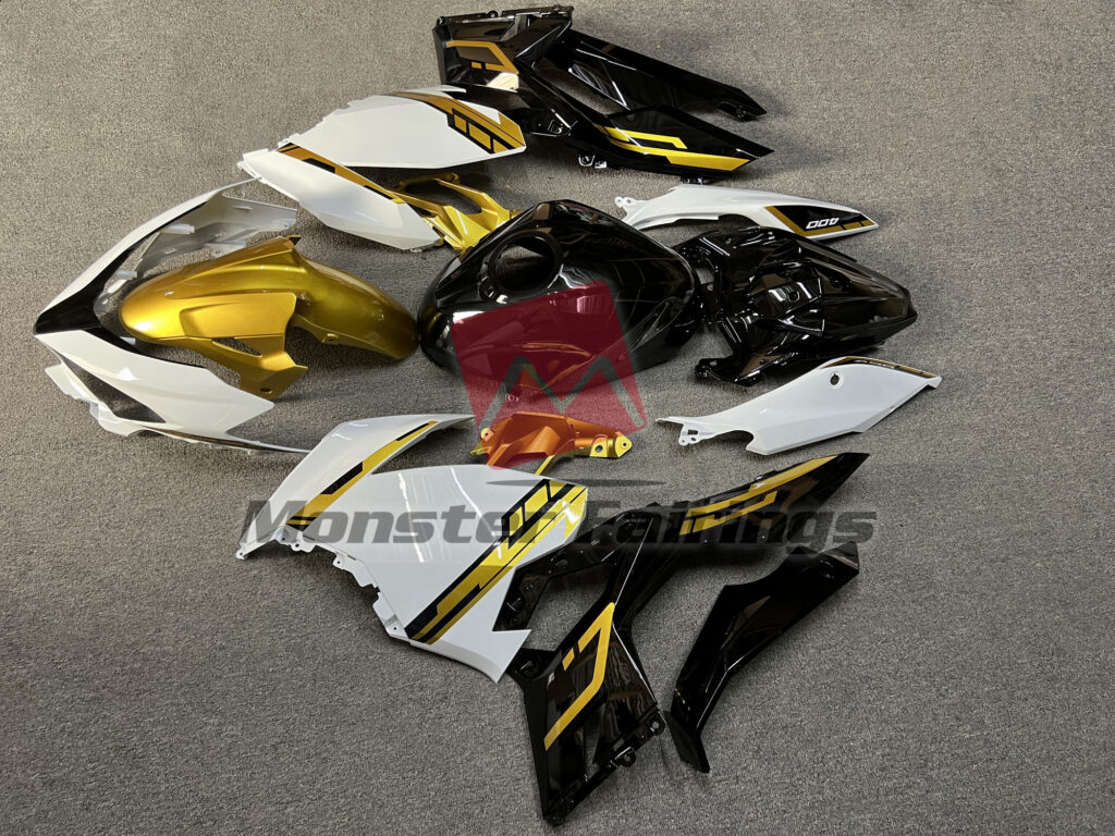 2018 - 2024 Kawasaki Ninja 400 Gloss White & Black Gold fairing set - ABS injection, custom painted by Monster Fairings