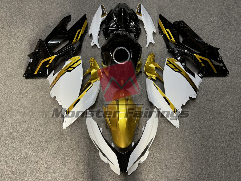 Kawasaki Ninja 400 2018 - 2024 Gloss White & Black Gold ABS fairings - custom motorcycle bodywork kit by Monster Fairings