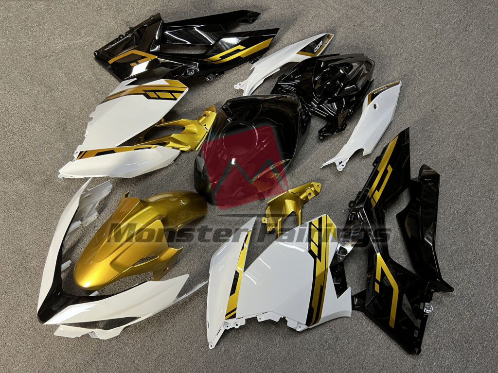 Gloss White & Black Gold ABS fairings for Kawasaki Ninja 400 2018 - 2024 - premium OEM fit kit by Monster Fairings