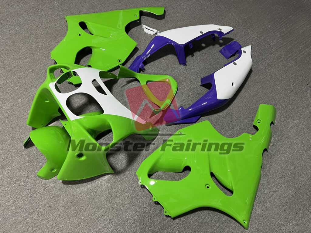 Kawasaki ZX7R custom ABS fairings 1996 - 2003 in Gloss Green White & Purple - durable replacement kit, Monster Fairings